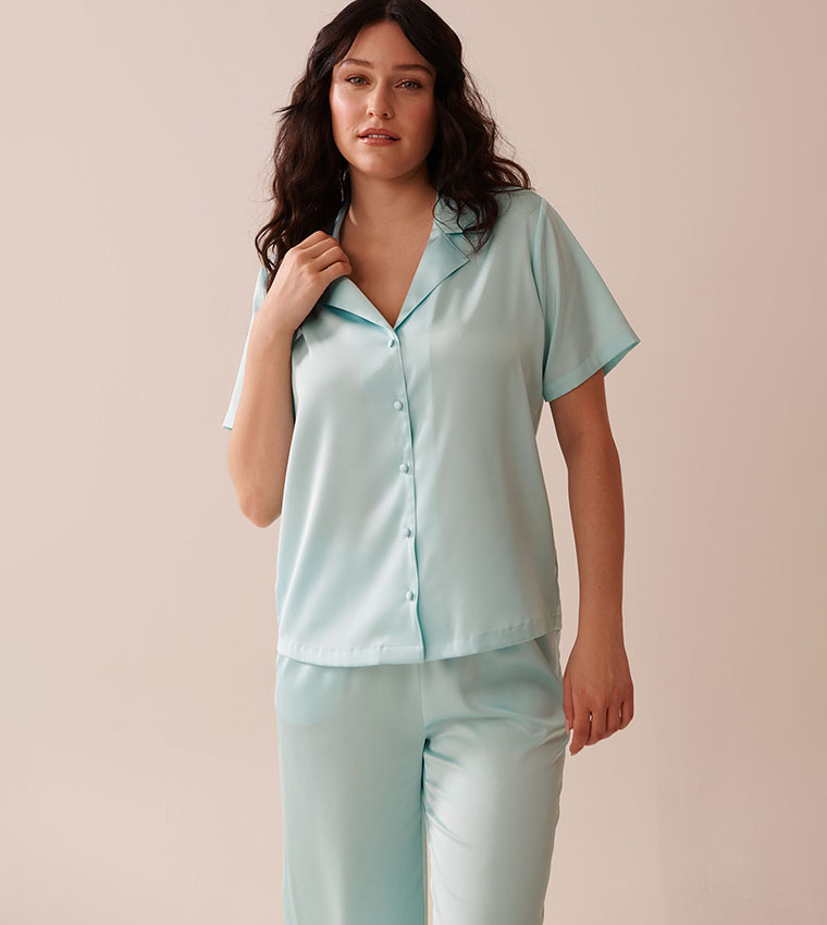 Satin Short Sleeve Button-Down Sleep Shirt