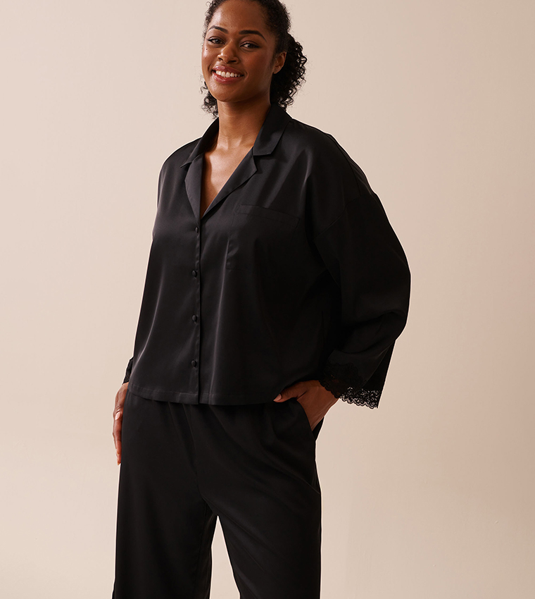 Satin and Lace Trim Long Sleeves Button-Down Sleep Shirt