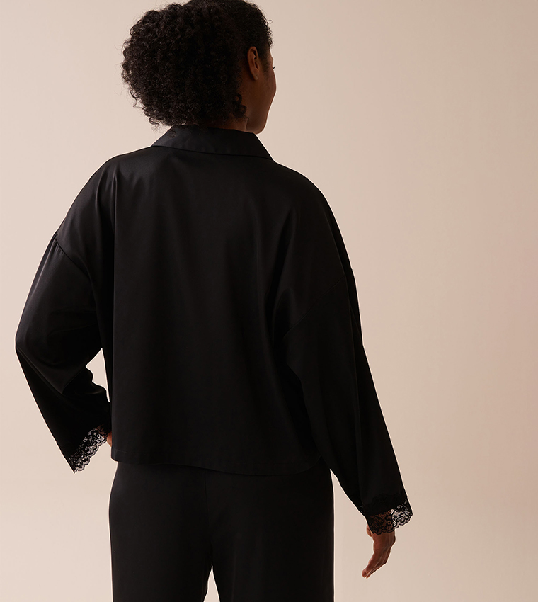 Satin and Lace Trim Long Sleeves Button-Down Sleep Shirt