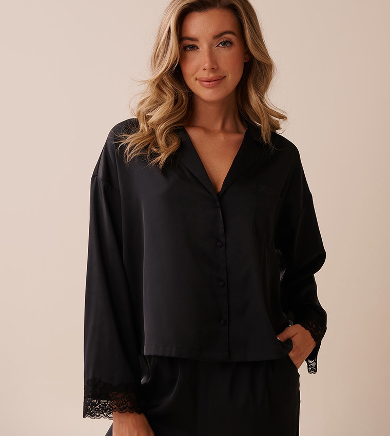 Satin and Lace Trim Long Sleeves Button-Down Sleep Shirt