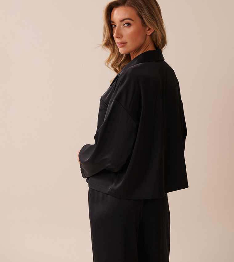 Satin and Lace Trim Long Sleeves Button-Down Sleep Shirt