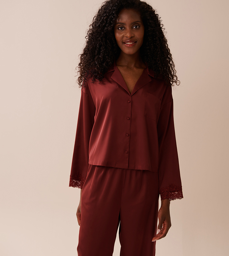 Satin and Lace Trim Long Sleeves Button-Down Sleep Shirt