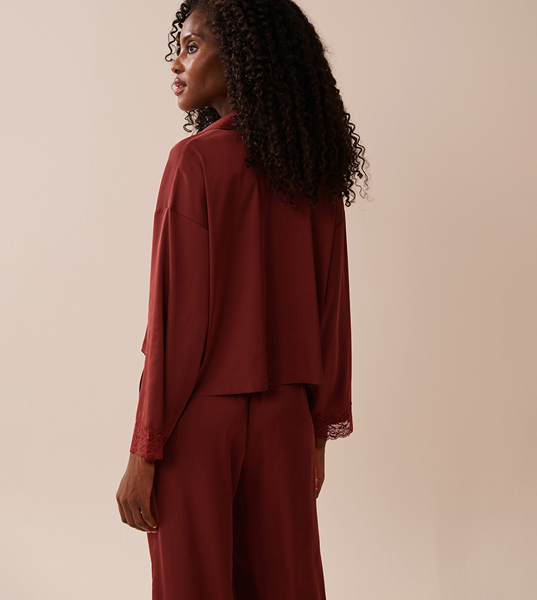 Satin and Lace Trim Long Sleeves Button-Down Sleep Shirt