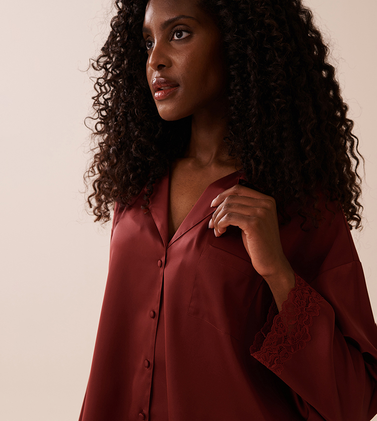 Satin and Lace Trim Long Sleeves Button-Down Sleep Shirt