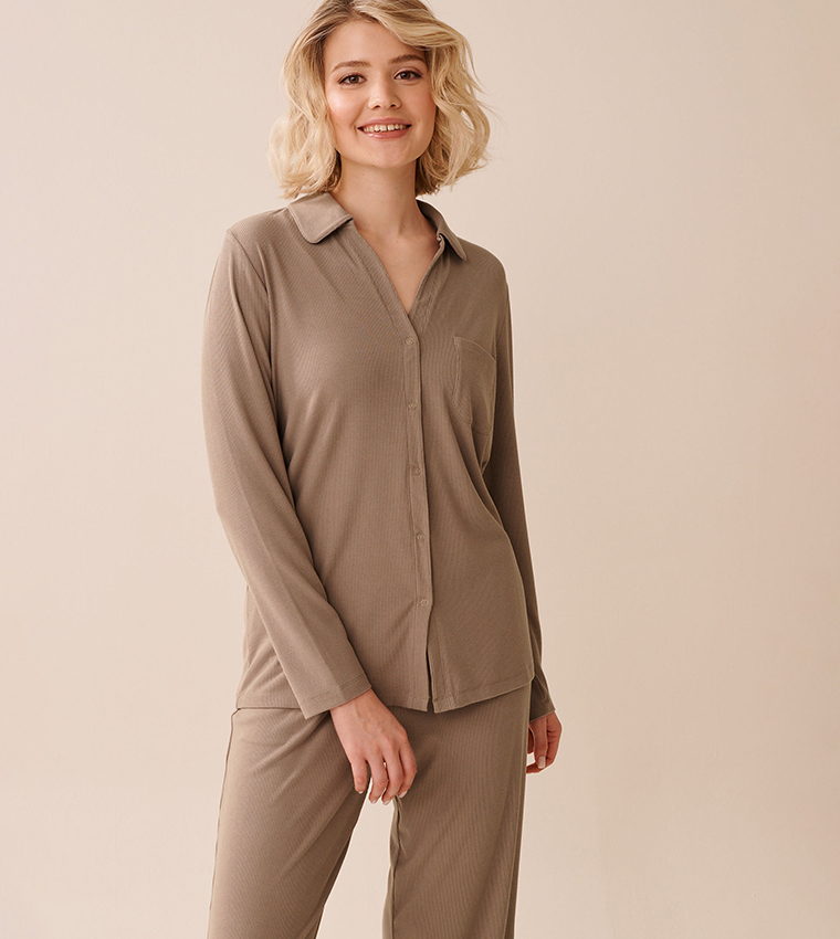 Ribbed Modal Button-Down Sleep Shirt