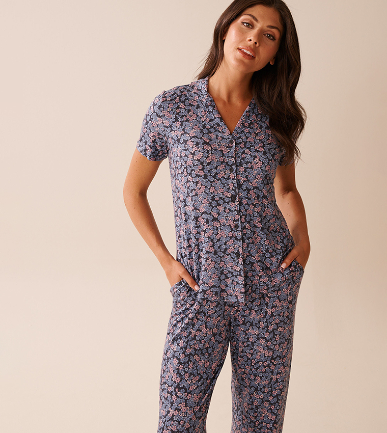 Ditsy Floral Print Soft Jersey Short Sleeve Button-Down Sleep Shirt