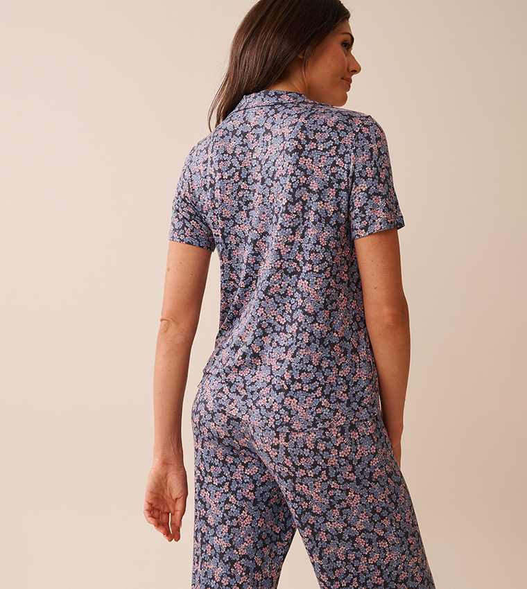 Ditsy Floral Print Soft Jersey Short Sleeve Button-Down Sleep Shirt