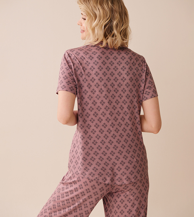 Geo Print Soft Jersey Short Sleeve Button-Down Sleep Shirt