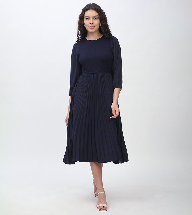 Ribbed Ruffle 3/4 Sleeves Midi Dress