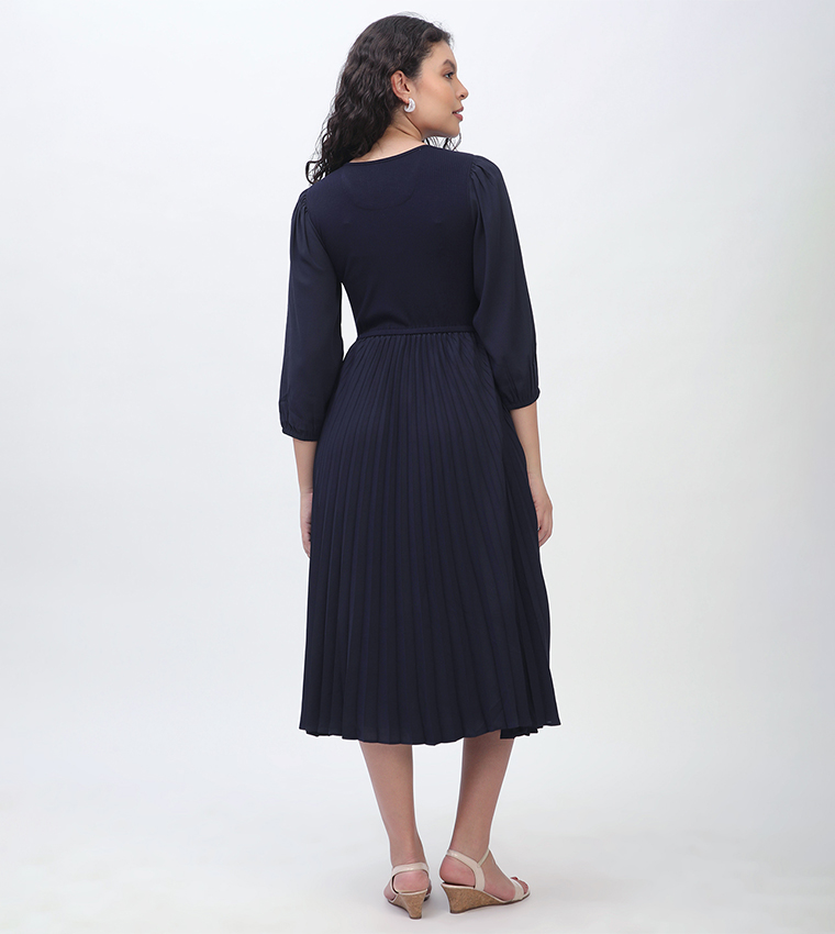 Ribbed Ruffle 3/4 Sleeves Midi Dress