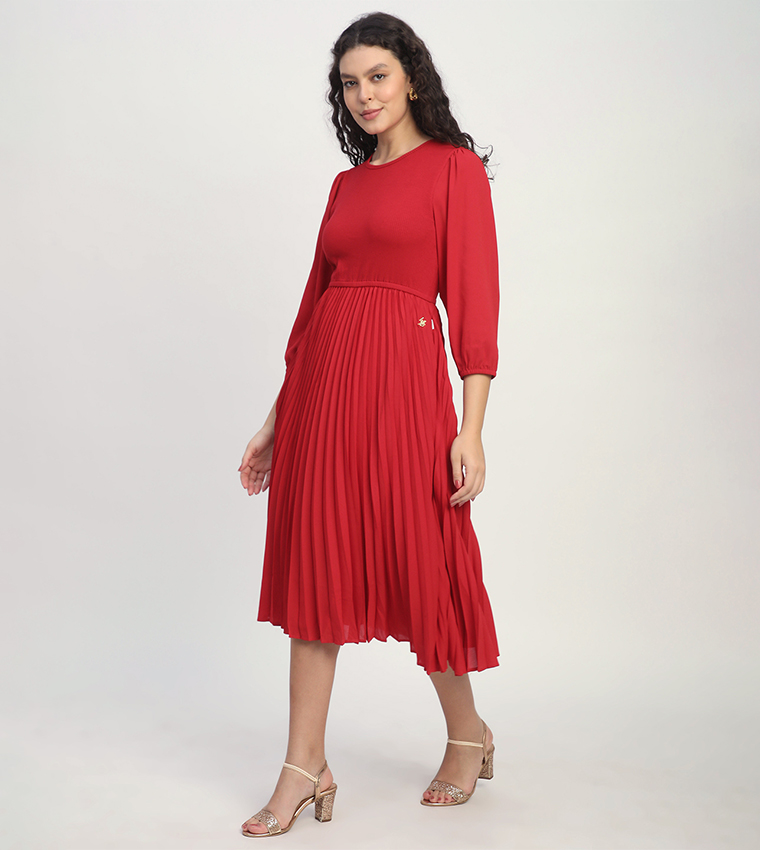 Ribbed Ruffle 3/4 Sleeves Midi Dress