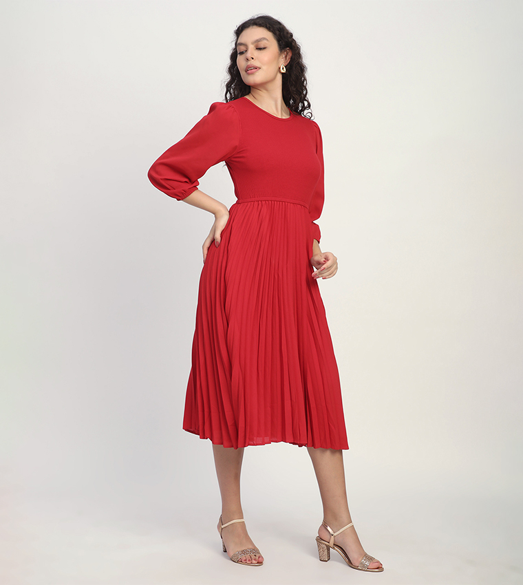 Ribbed Ruffle 3/4 Sleeves Midi Dress
