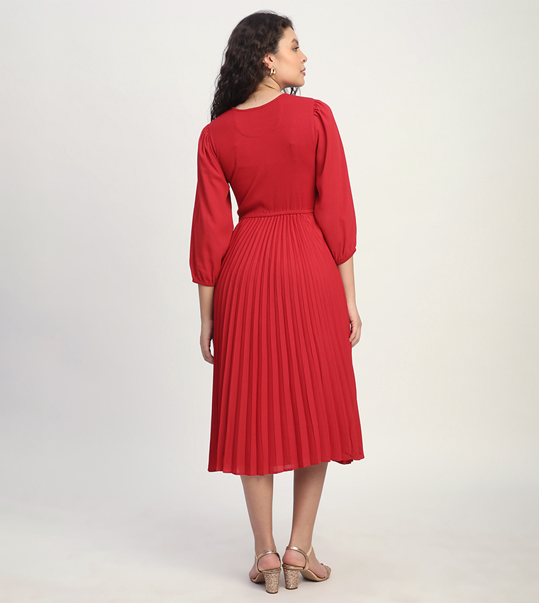 Ribbed Ruffle 3/4 Sleeves Midi Dress