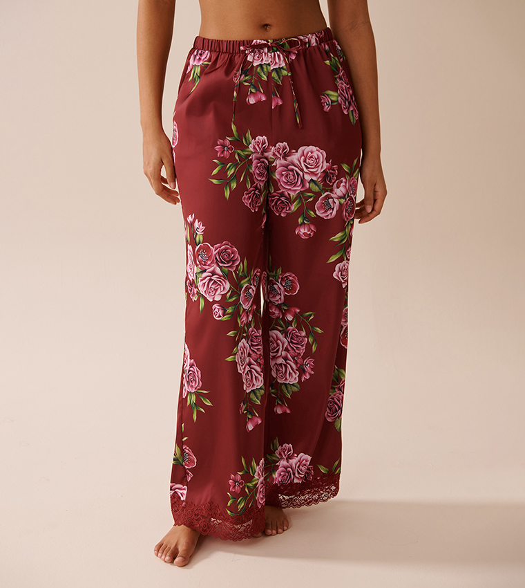 Rose Print Satin and Lace Trim Pyjama Pants