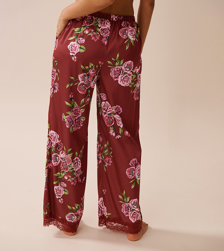 Rose Print Satin and Lace Trim Pyjama Pants