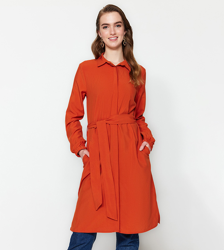 Buy Trendyol Solid Waist Belt Long Sleeves Tunic In Orange