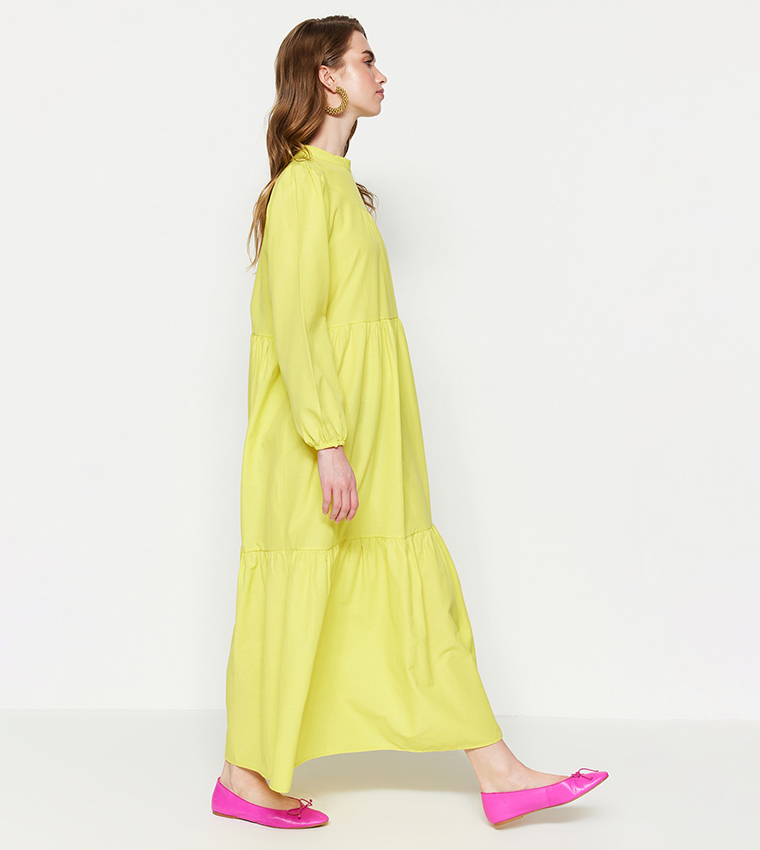 Solid Long Sleeves Tiered Maxi Dress