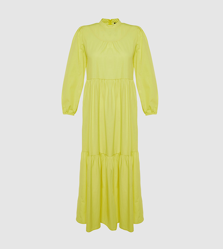 Solid Long Sleeves Tiered Maxi Dress