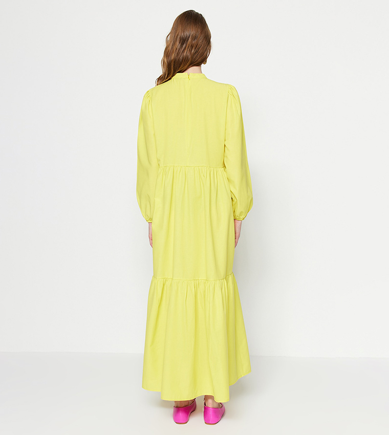 Solid Long Sleeves Tiered Maxi Dress