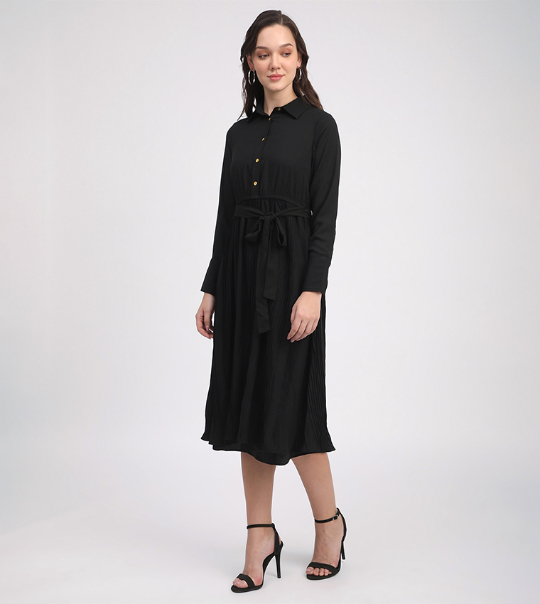Belted Long Sleeves Midi Dress