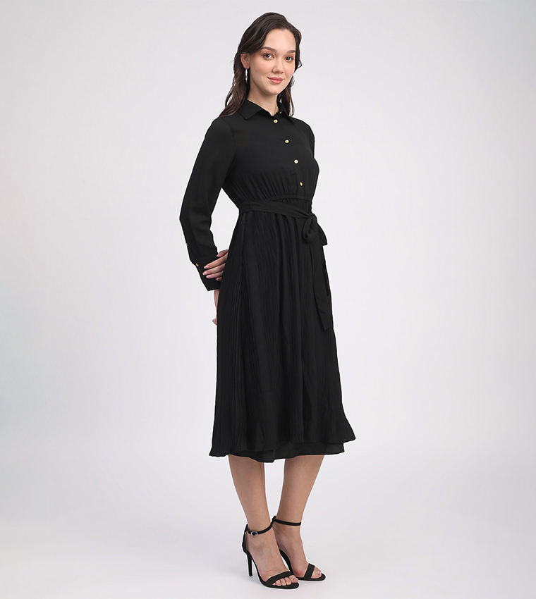 Belted Long Sleeves Midi Dress