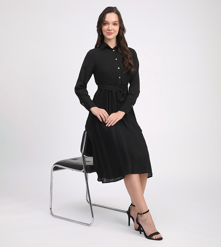 Belted Long Sleeves Midi Dress