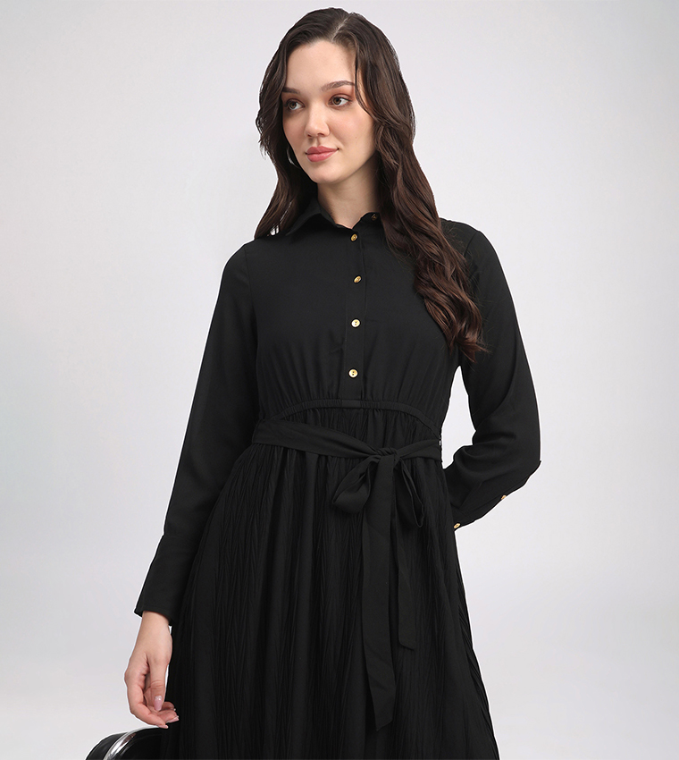 Belted Long Sleeves Midi Dress