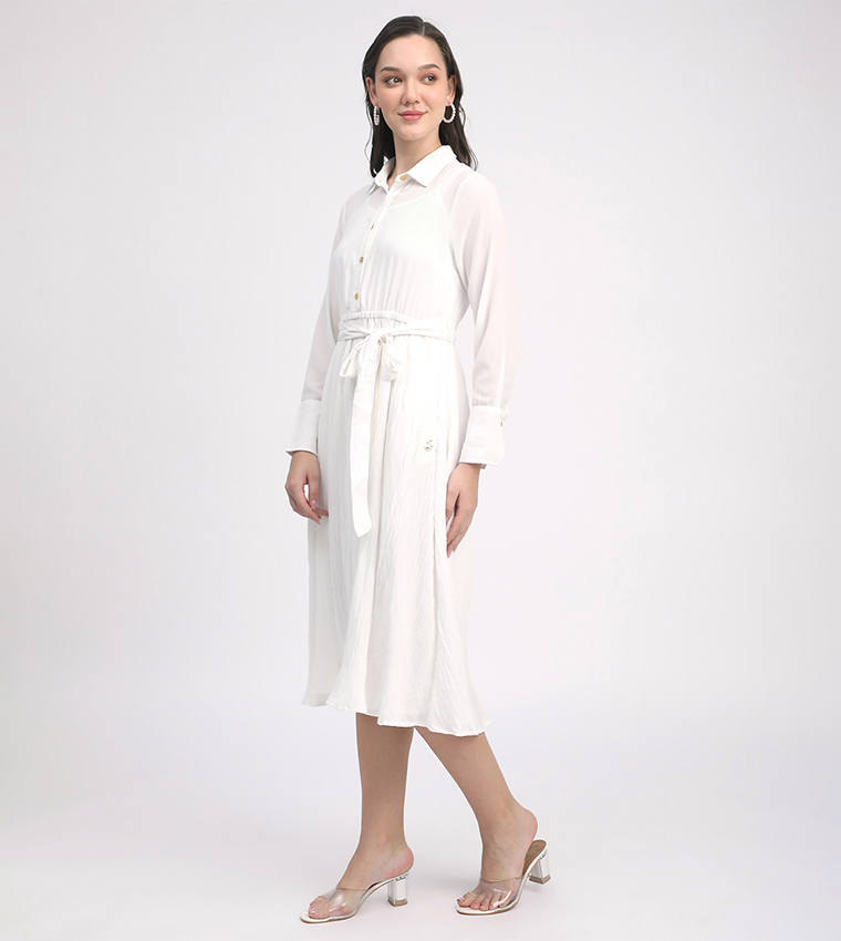 Belted Long Sleeves Midi Dress