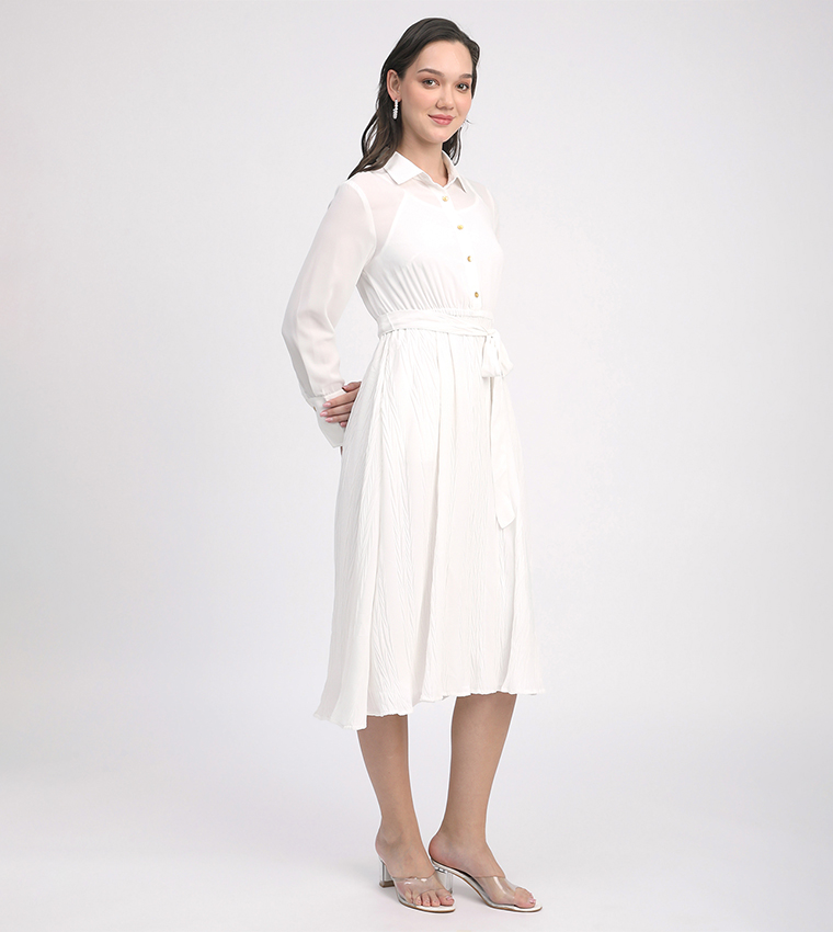 Belted Long Sleeves Midi Dress