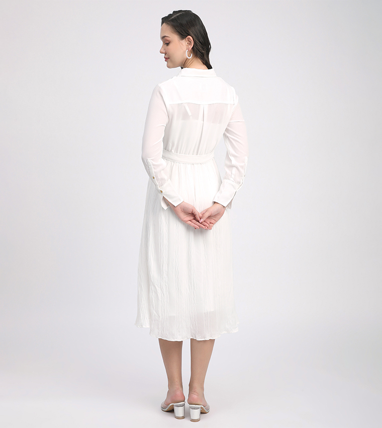 Belted Long Sleeves Midi Dress
