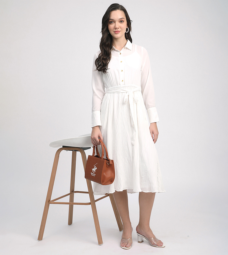 Belted Long Sleeves Midi Dress