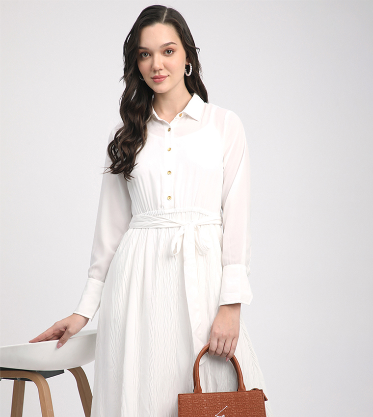 Belted Long Sleeves Midi Dress