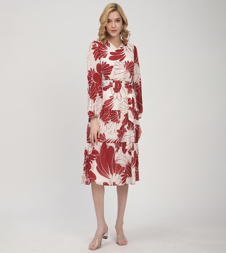 Patterned Long Sleeves Tiered Dress