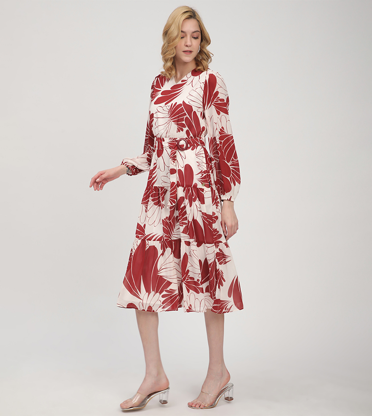 Patterned Long Sleeves Tiered Dress