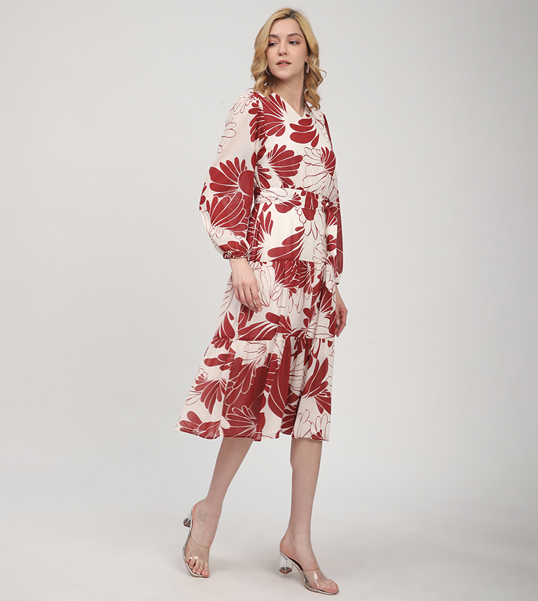 Patterned Long Sleeves Tiered Dress