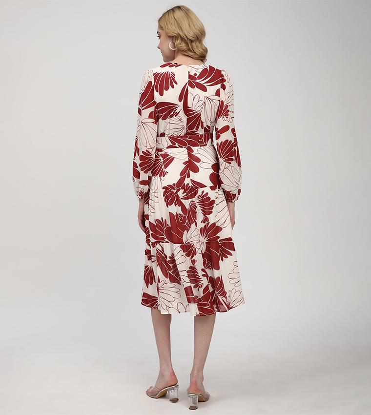Patterned Long Sleeves Tiered Dress