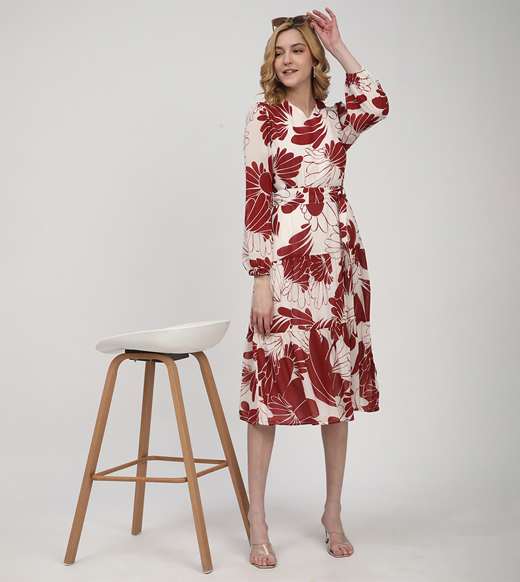 Patterned Long Sleeves Tiered Dress