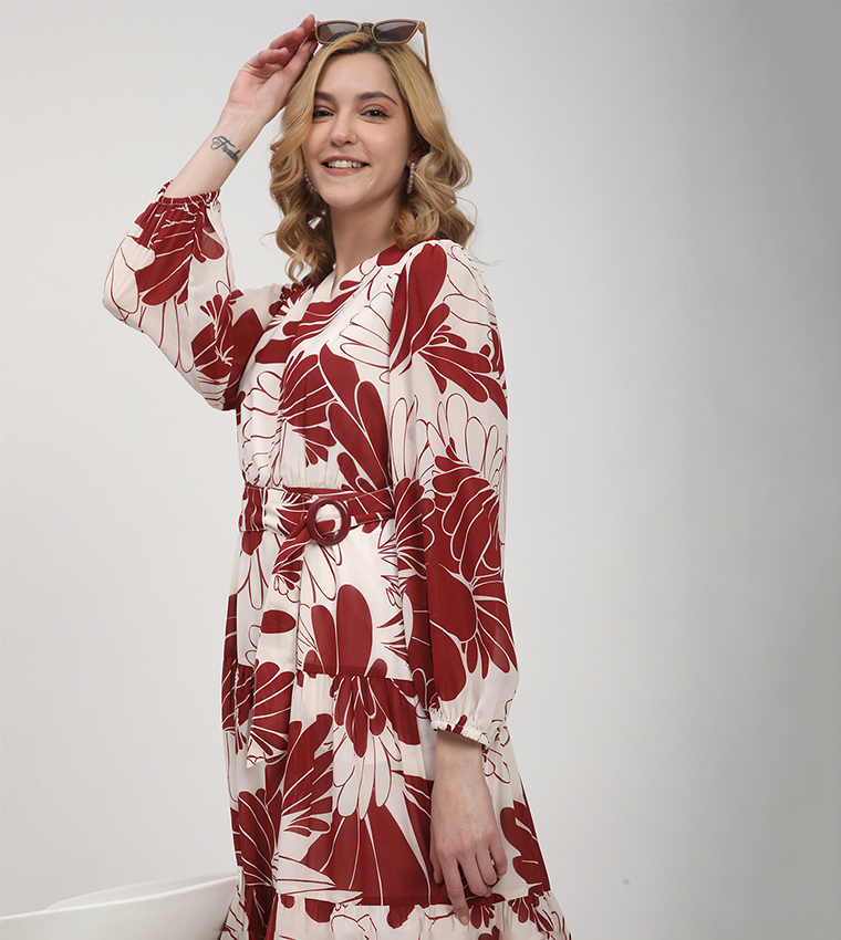Patterned Long Sleeves Tiered Dress