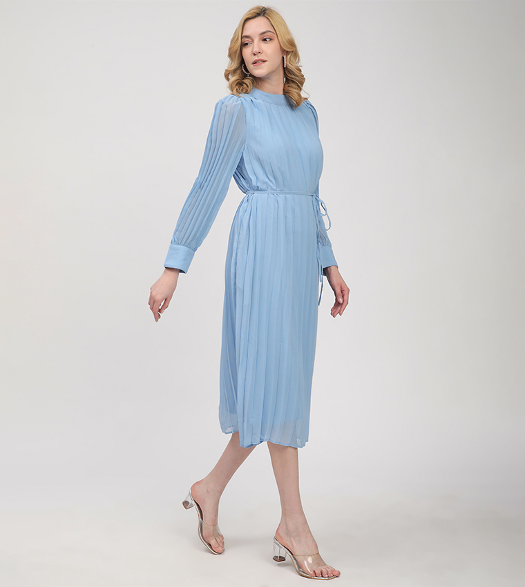 Pleated Long Sleeves Midi Dress