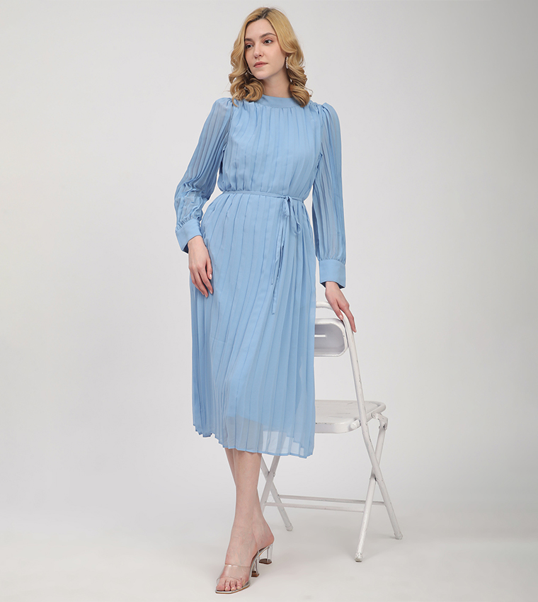 Pleated Long Sleeves Midi Dress