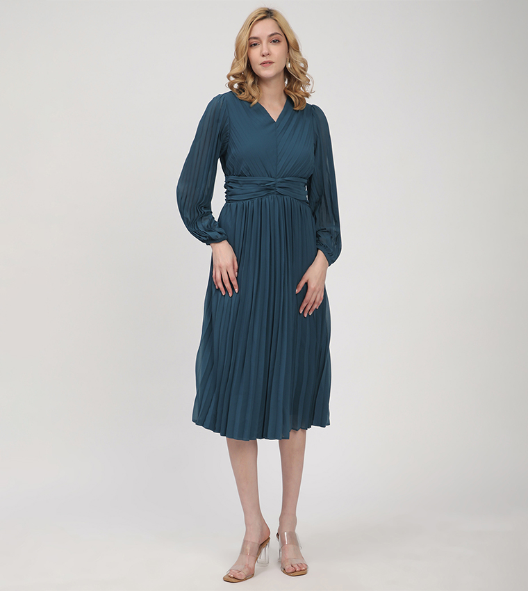 Pleated Long Sleeves Midi Dress