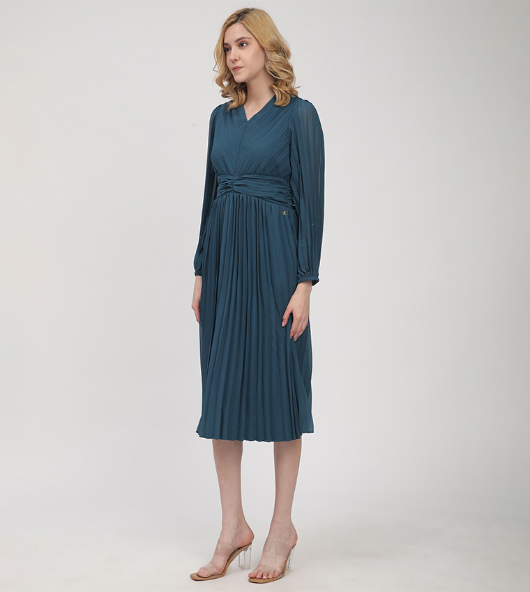 Pleated Long Sleeves Midi Dress