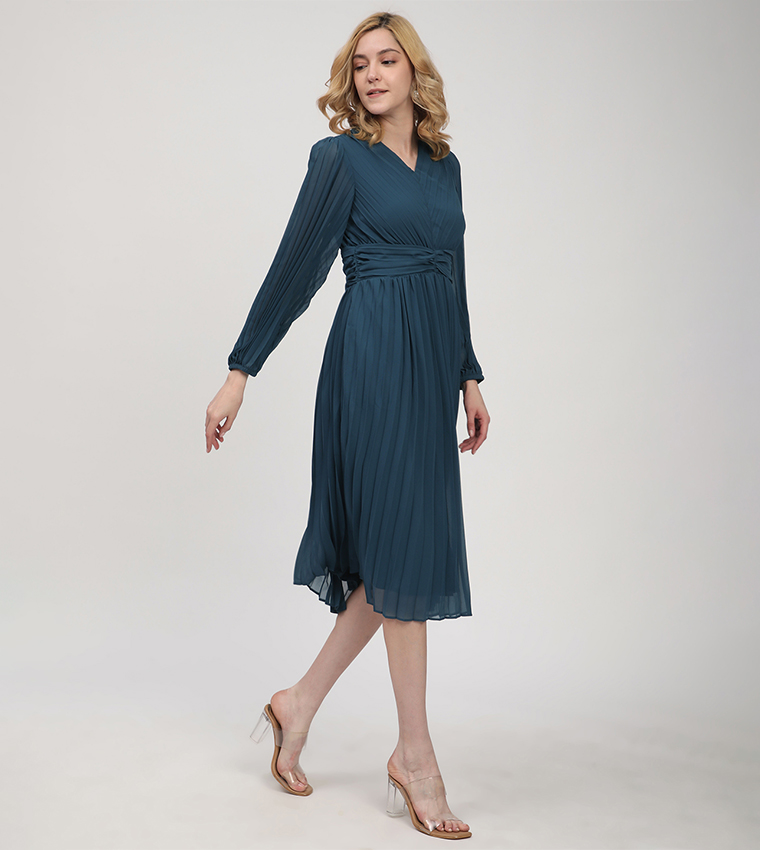Pleated Long Sleeves Midi Dress