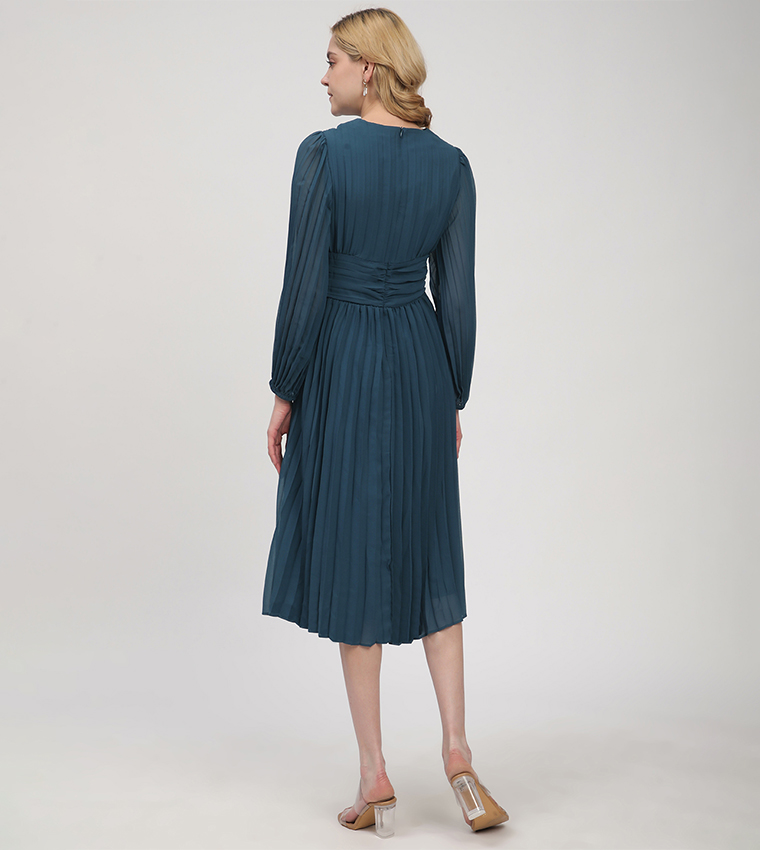 Pleated Long Sleeves Midi Dress