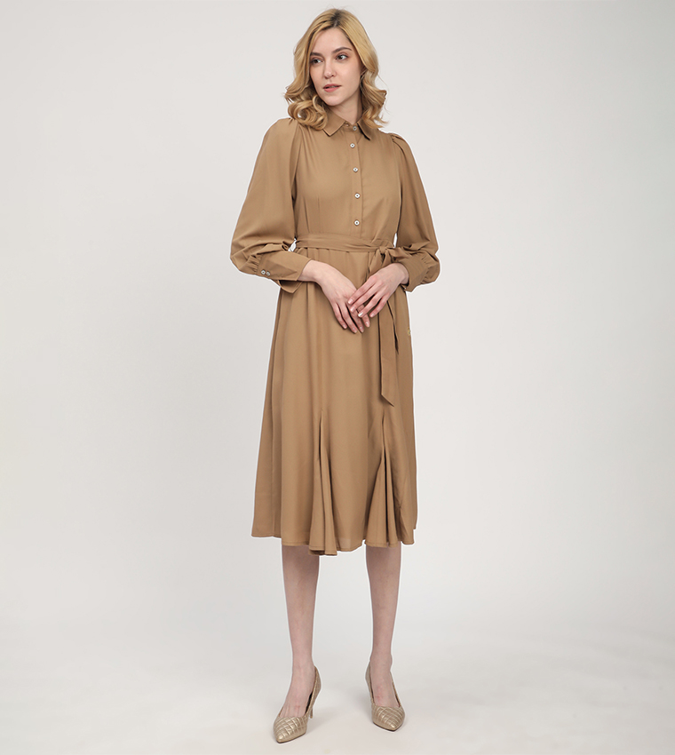 Solid Belted Long Sleeves Shirt Dress