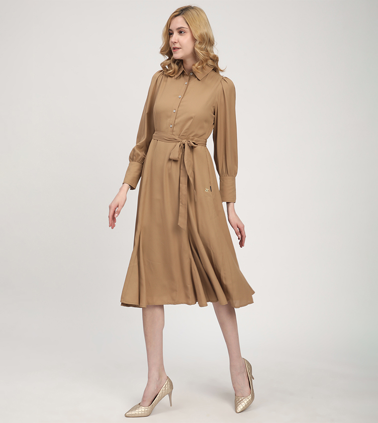 Solid Belted Long Sleeves Shirt Dress