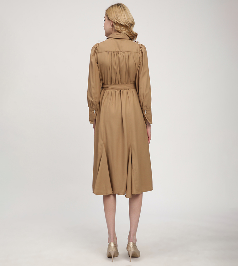 Solid Belted Long Sleeves Shirt Dress