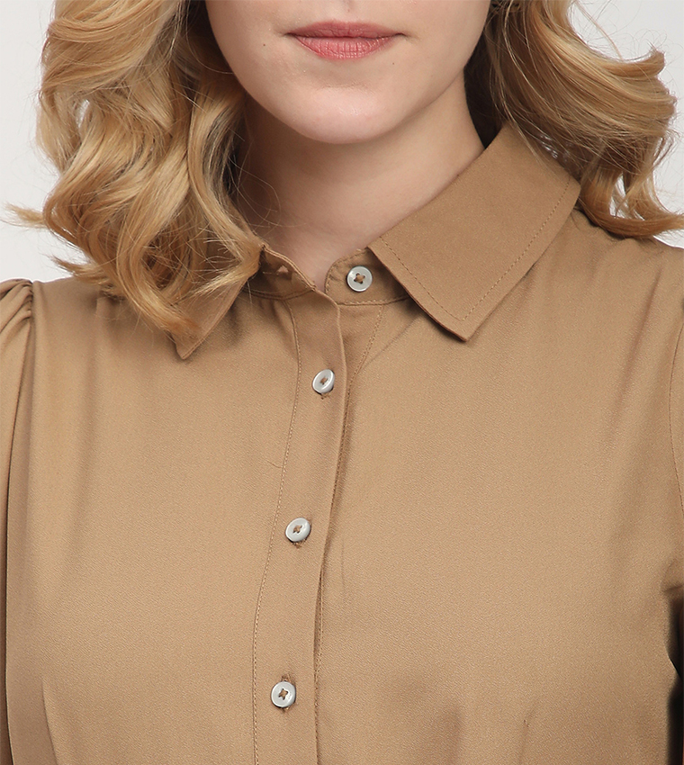 Solid Belted Long Sleeves Shirt Dress