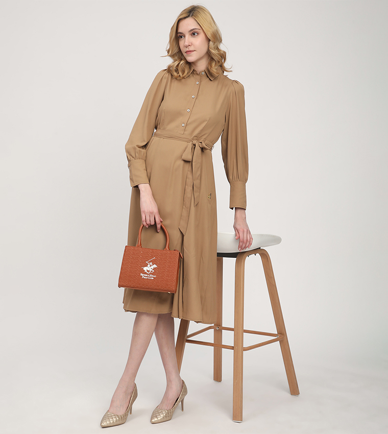 Solid Belted Long Sleeves Shirt Dress