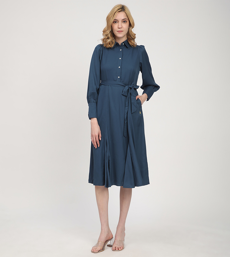 Solid Belted Long Sleeves Shirt Dress